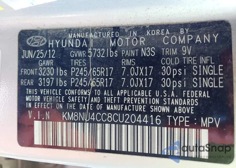 2012 Hyundai Veracruz Gls из США, поврежденный, VIN KM8NU4CC8CU204416